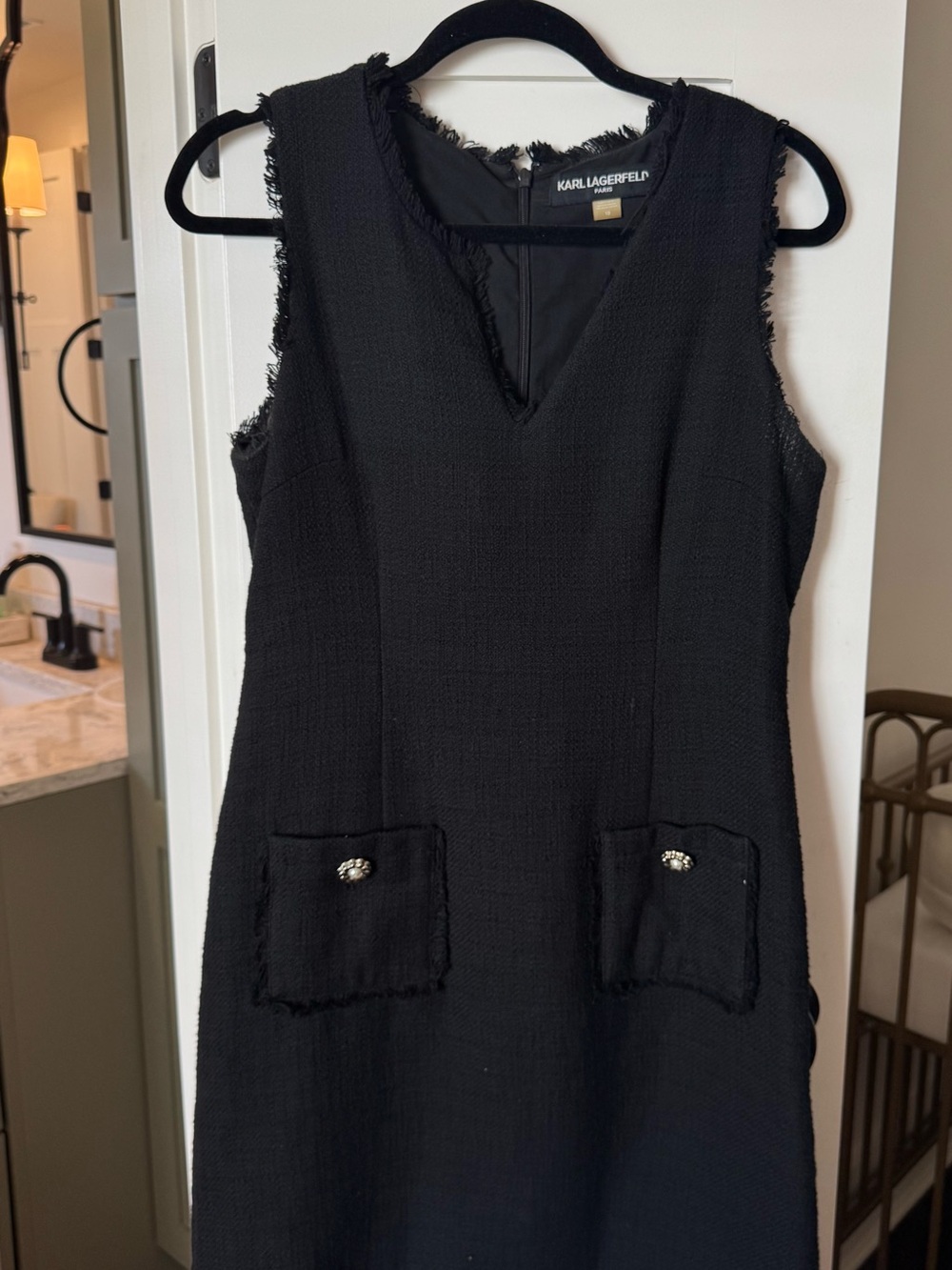 Karl Lagerfeld Black Sleeveless Tweed Shift Dress with Decorative Pocket Buttons